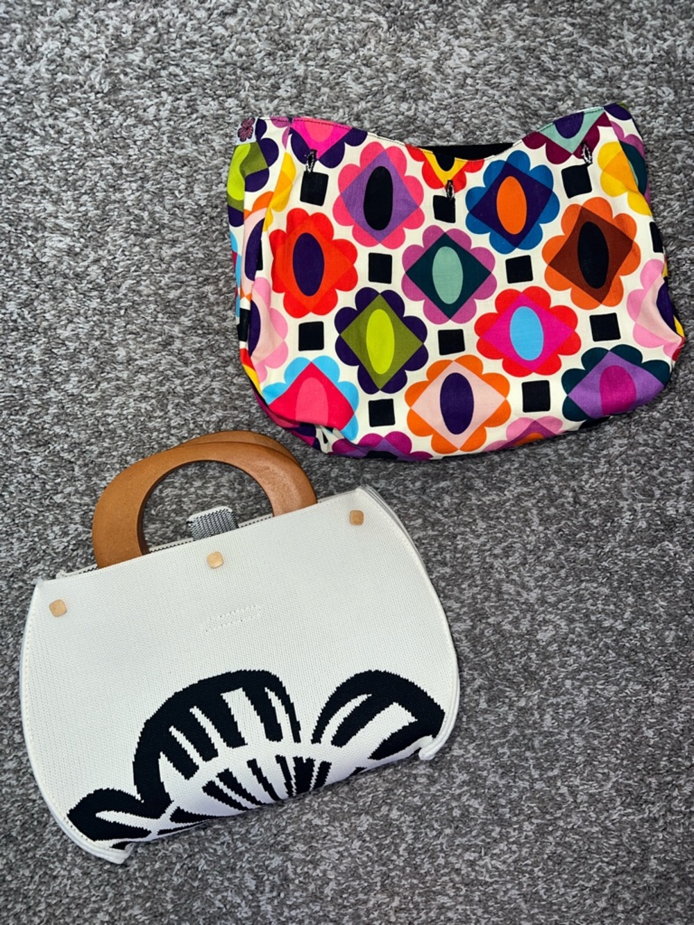 Lesley Evers Canvas Handbag with Black Floral Accent and Wood Handles